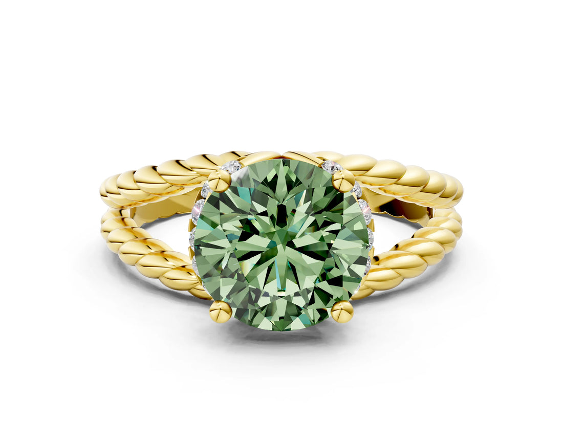 Yellow gold Fancy Green Round  Halo Twisted Band Four-Prong Ring_33