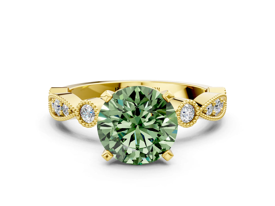 Yellow gold Fancy Green Round  Milgrain Bezel Diamond Engagement Ring with Solitaire Prong Setting_160