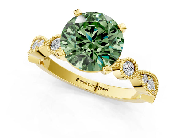 Yellow gold Fancy Green Round  Milgrain Bezel Diamond Engagement Ring with Solitaire Prong Setting