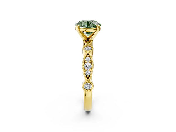 Yellow gold Fancy Green Round  Milgrain Bezel Diamond Engagement Ring with Solitaire Prong Setting