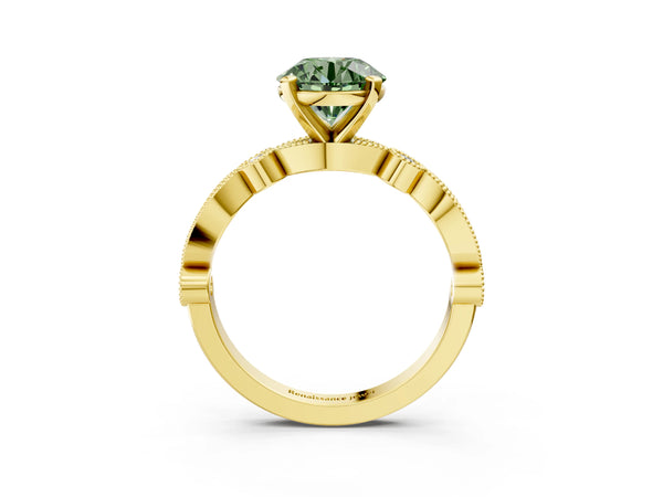 Yellow gold Fancy Green Round  Milgrain Bezel Diamond Engagement Ring with Solitaire Prong Setting