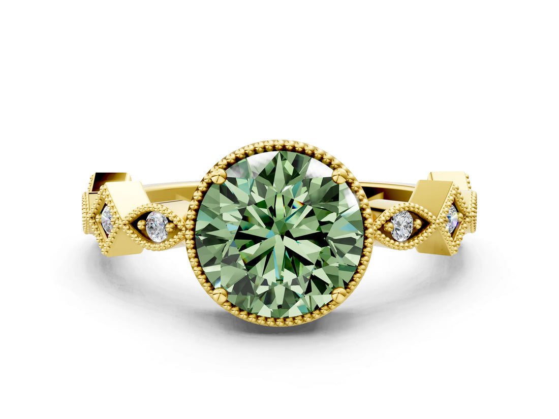 Yellow gold Fancy Green Round  Milgrain Marquise Diamond Twist Band Ring_62