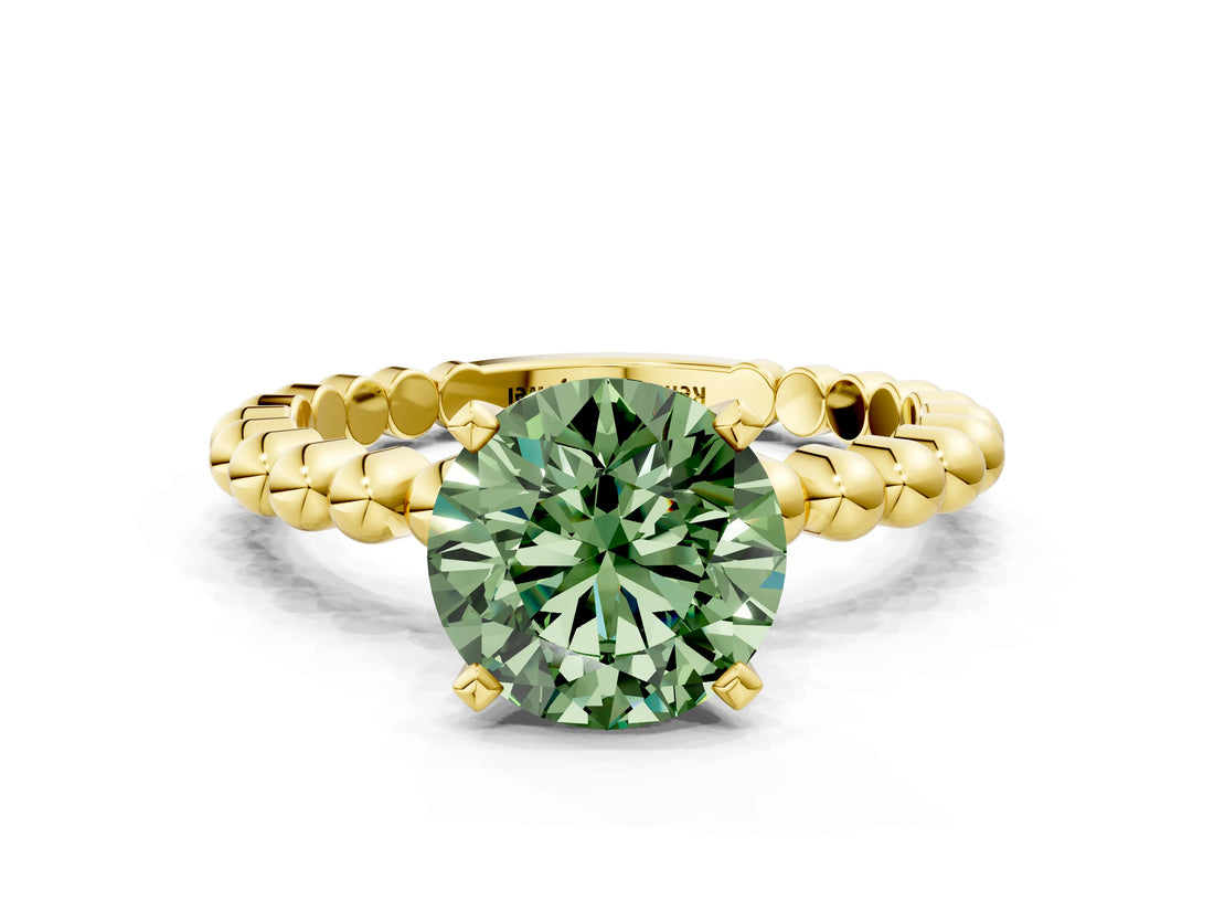 Yellow gold Fancy Green Round  Solitaire Beaded Band Prong Setting Ring