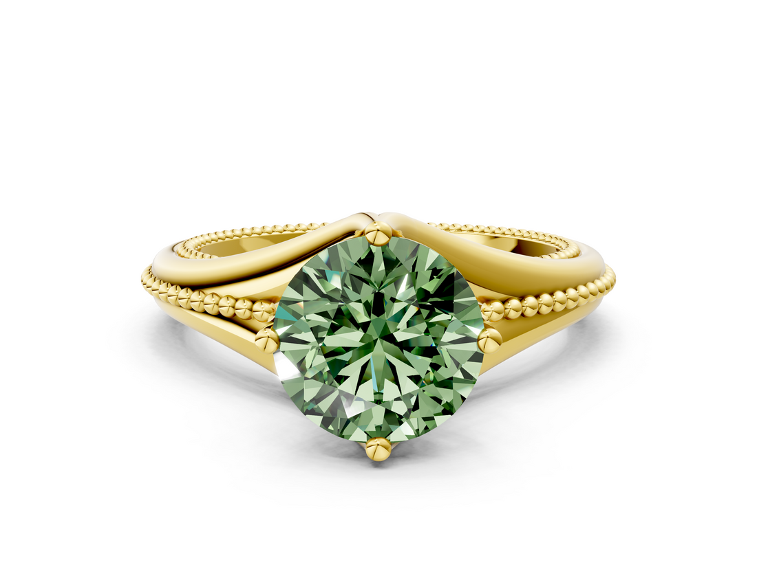 Yellow gold Fancy Green Round  Solitaire Beaded Band Six-Prong Setting