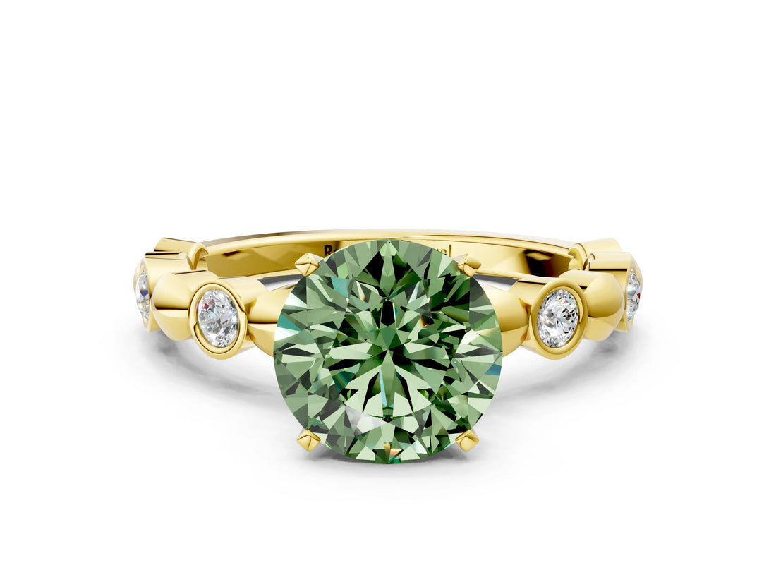Yellow gold Fancy Green Round  Solitaire Bezel-Set Diamond Ring with Beaded Band and Four-Prong Setting_32