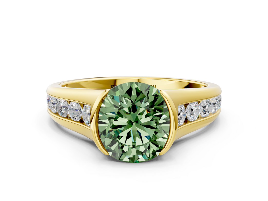 Yellow gold Fancy Green Round  Solitaire Bezel-Set Diamond Ring with Channel-Set Band_37