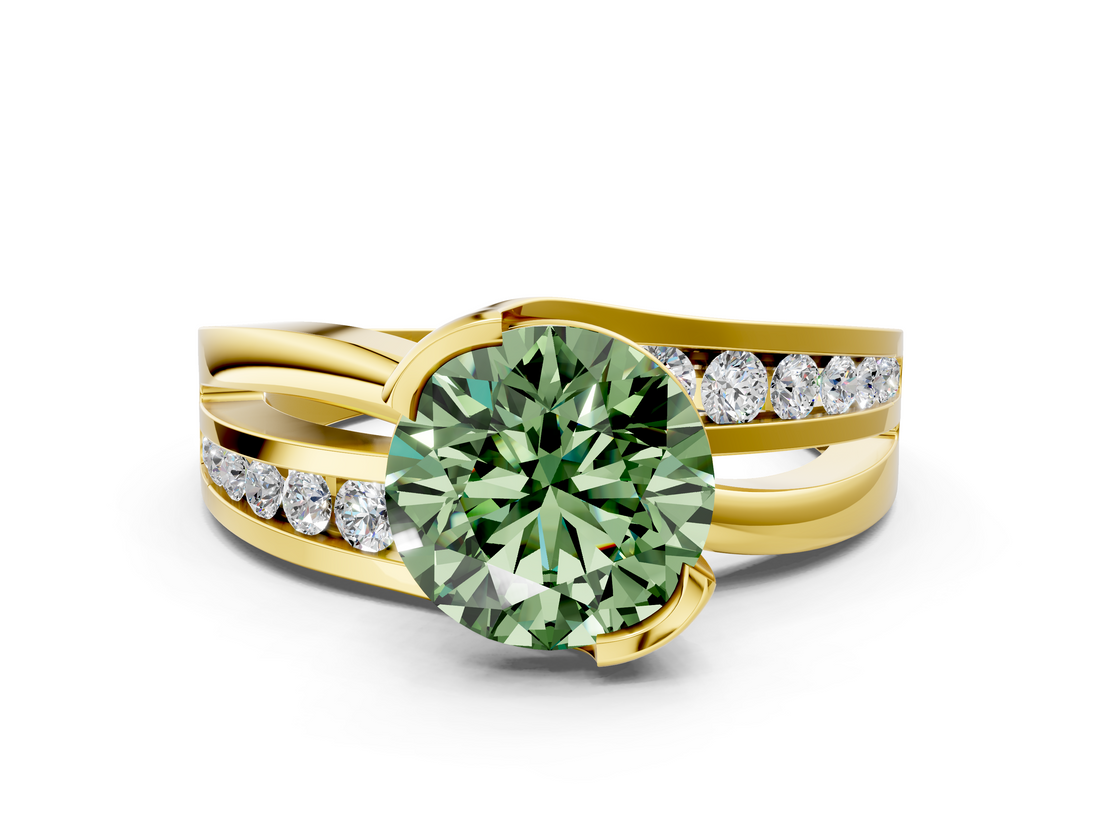 Yellow gold Fancy Green Round  Solitaire Channel-Set Split Shank Ring with Tension Prong Setting_3