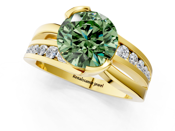 Yellow gold Fancy Green Round  Solitaire Channel-Set Split Shank Ring with Tension Prong Setting