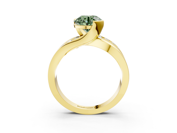 Yellow gold Fancy Green Round  Solitaire Channel-Set Split Shank Ring with Tension Prong Setting