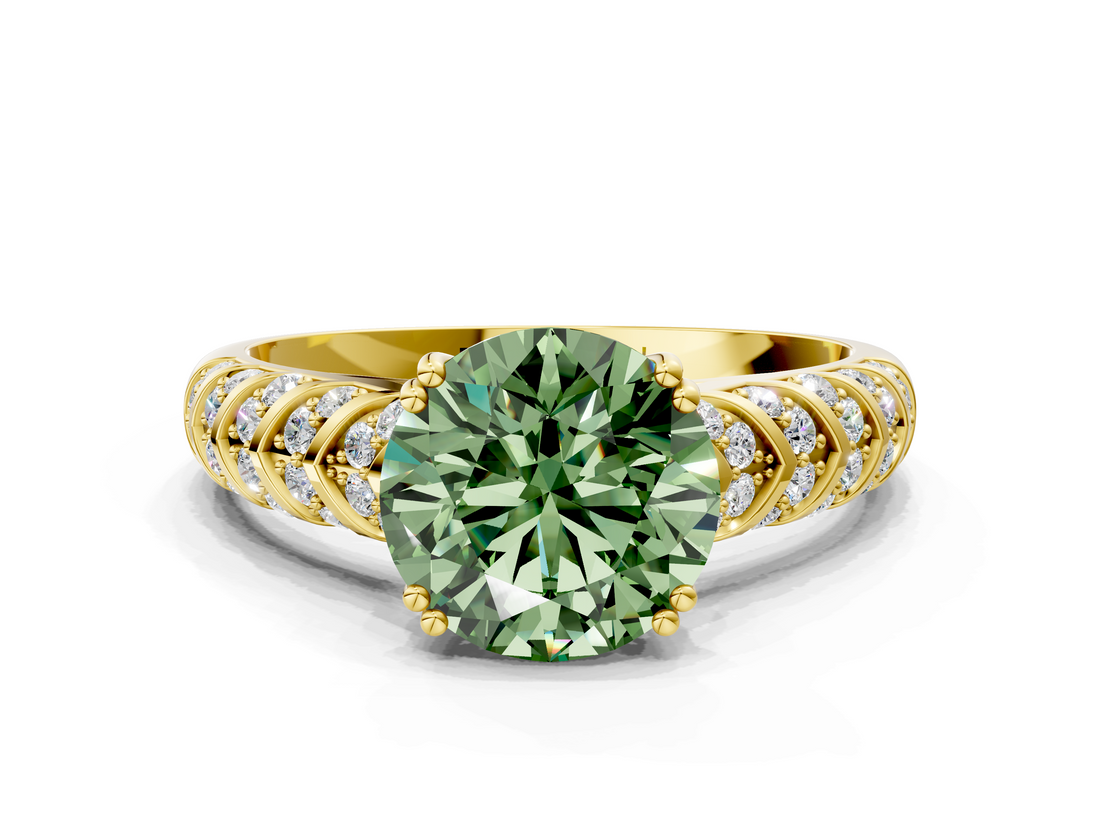 Yellow gold Fancy Green Round  Solitaire Chevron Pave Diamond Engagement Ring with Six-Prong Setting_3