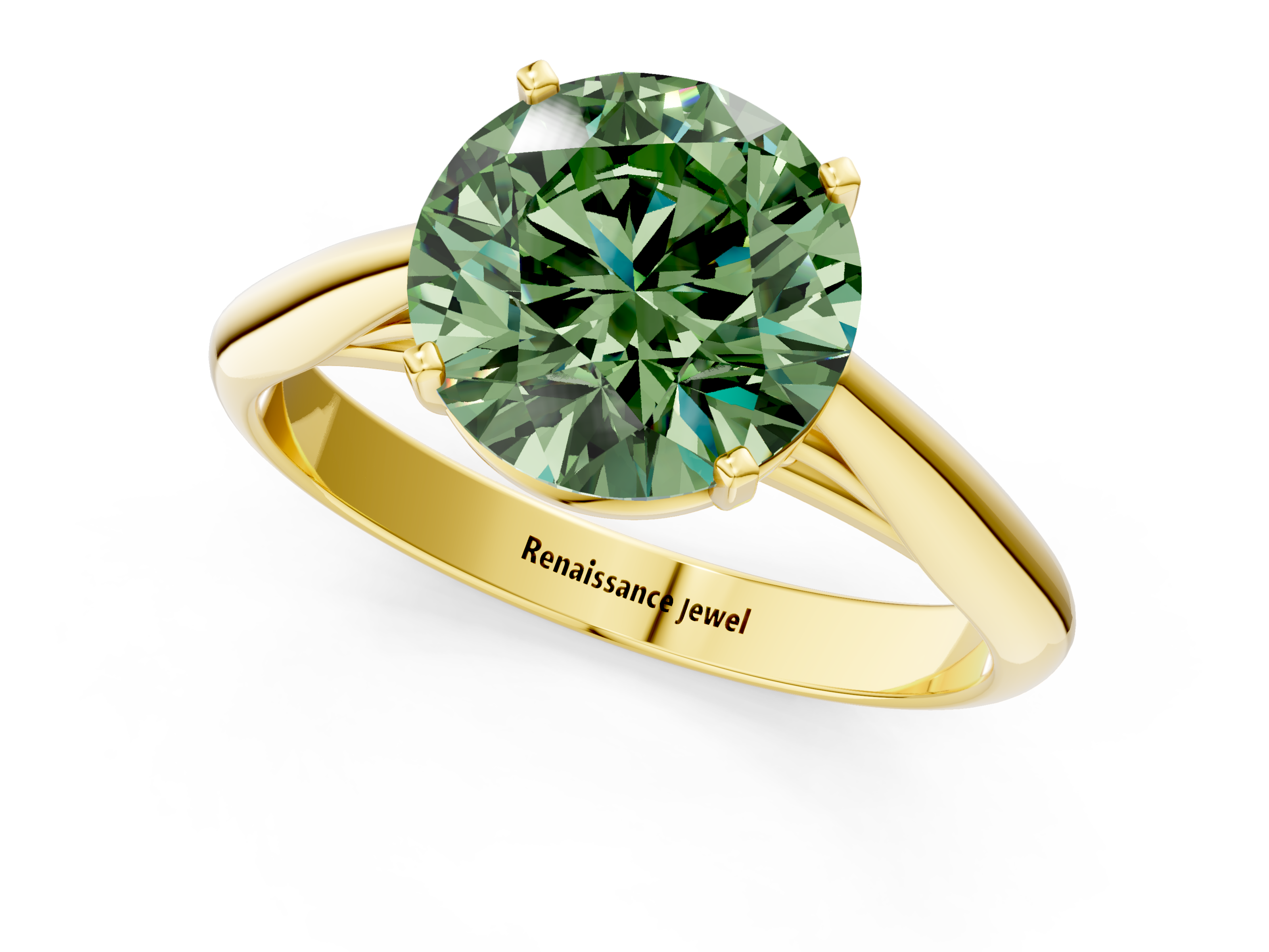 Yellow gold Fancy Green Round  Solitaire Diamond Engagement Ring with Cathedral Setting and Four-Prong Mount on a Classic Band_96