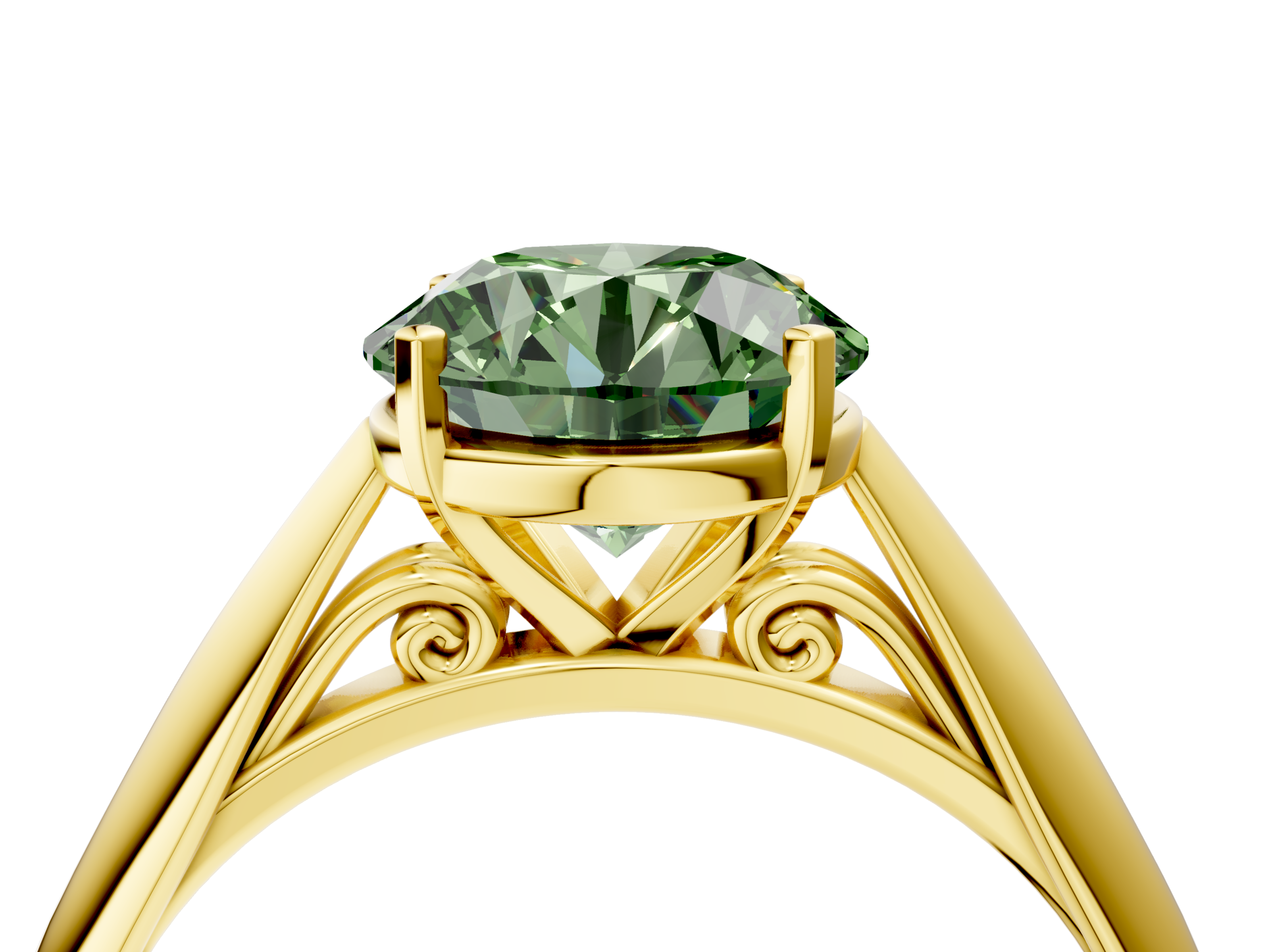 Yellow gold Fancy Green Round  Solitaire Diamond Engagement Ring with Cathedral Setting and Four-Prong Mount on a Classic Band_99