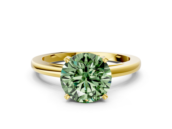 Yellow gold Fancy Green Round  Solitaire Diamond Engagement Ring with Four-Prong Setting on a Classic Band