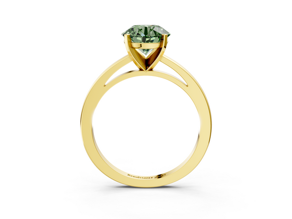 Yellow gold Fancy Green Round  Solitaire Diamond Engagement Ring with Four-Prong Setting on a Classic Band