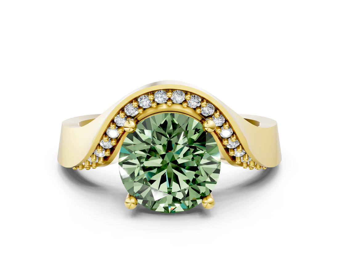 Yellow gold Fancy Green Round  Solitaire Diamond Engagement Ring with Pave Band and Four-Prong Setting 1