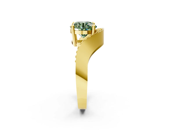 Yellow gold Fancy Green Round  Solitaire Diamond Engagement Ring with Pave Band and Four-Prong Setting