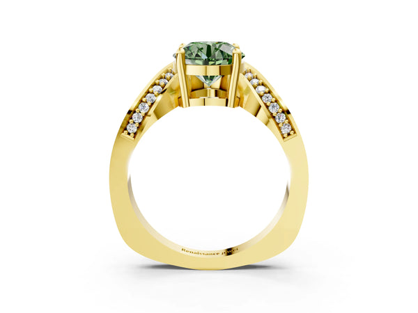 Yellow gold Fancy Green Round  Solitaire Diamond Engagement Ring with Pave Band and Four-Prong Setting