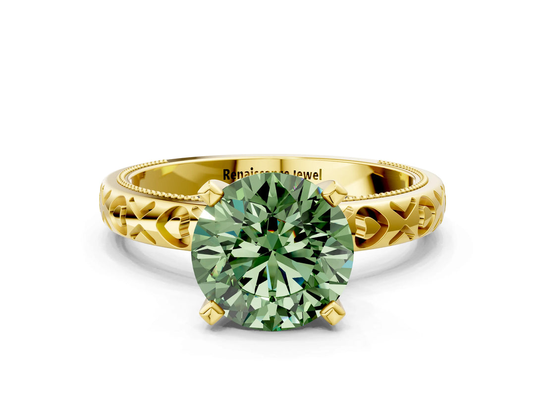 Yellow gold Fancy Green Round  Solitaire Diamond Engagement Ring with XO Engraved Band and Four-Prong Setting 1