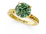 Yellow gold Fancy Green Round  Solitaire Diamond Engagement Ring with XO Engraved Band and Four-Prong Setting 2