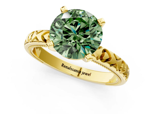 Yellow gold Fancy Green Round  Solitaire Diamond Engagement Ring with XO Engraved Band and Four-Prong Setting