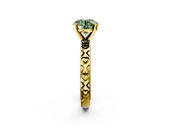 Yellow gold Fancy Green Round  Solitaire Diamond Engagement Ring with XO Engraved Band and Four-Prong Setting