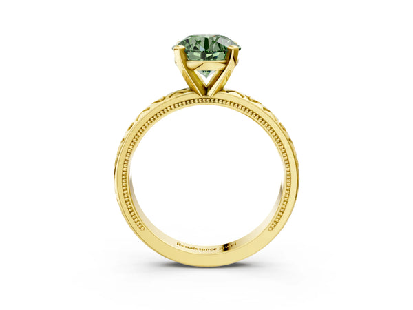 Yellow gold Fancy Green Round  Solitaire Diamond Engagement Ring with XO Engraved Band and Four-Prong Setting