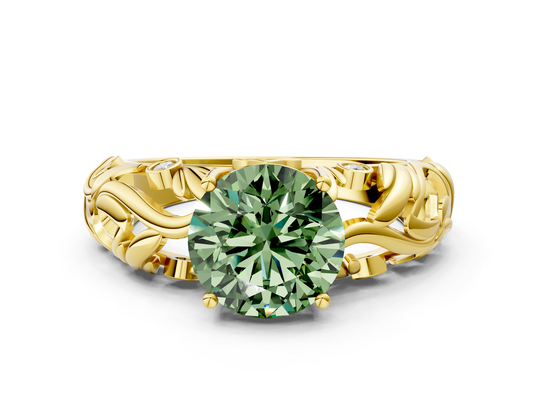 Yellow gold Fancy Green Round  Solitaire Diamond Leaf Vine Band with Prong Setting_28
