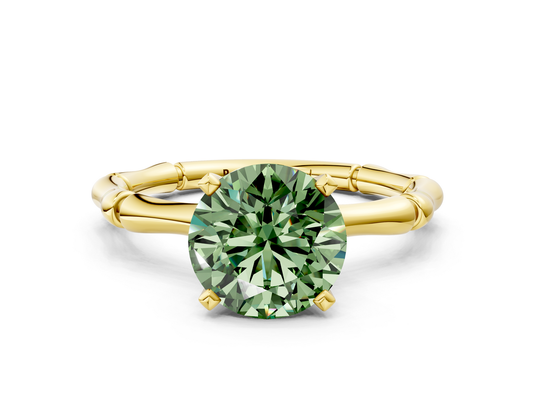 Yellow gold Fancy Green Round  Solitaire Diamond Ring with Bamboo Band and Four-Prong Setting_20