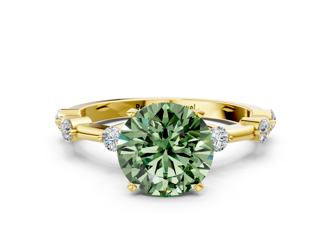 Yellow gold Fancy Green Round  Solitaire Diamond Ring with Bezel Set Side Stones and Prong Setting_3