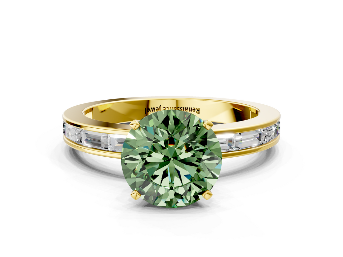 Yellow gold Fancy Green Round  Solitaire Diamond Ring with Channel-Set Baguette Band and Four-Prong Setting_80