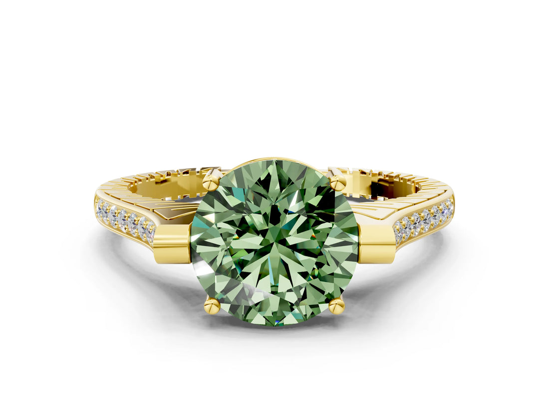 Yellow gold Fancy Green Round  Solitaire Diamond Ring with Channel Set Band and Bezel Prong Setting_56