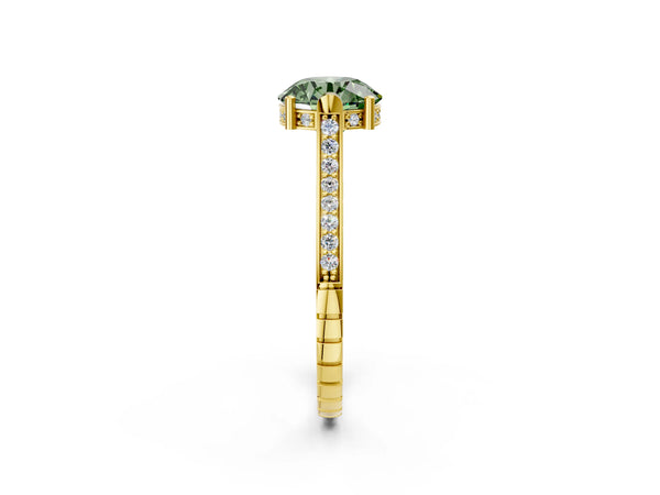 Yellow gold Fancy Green Round  Solitaire Diamond Ring with Channel Set Band and Bezel Prong Setting