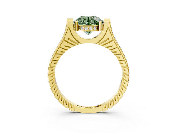 Yellow gold Fancy Green Round  Solitaire Diamond Ring with Channel Set Band and Bezel Prong Setting