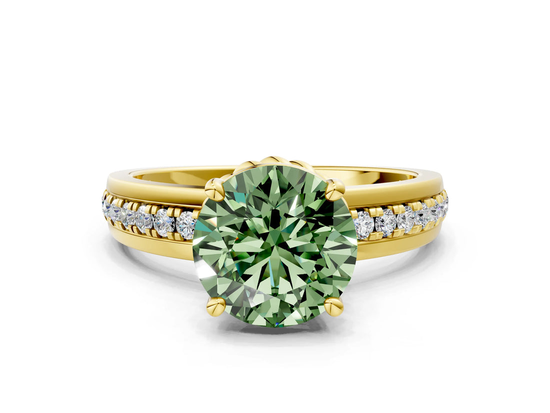 Yellow gold Fancy Green Round  Solitaire Diamond Ring with Channel Set Band and Six-Prong Setting_48