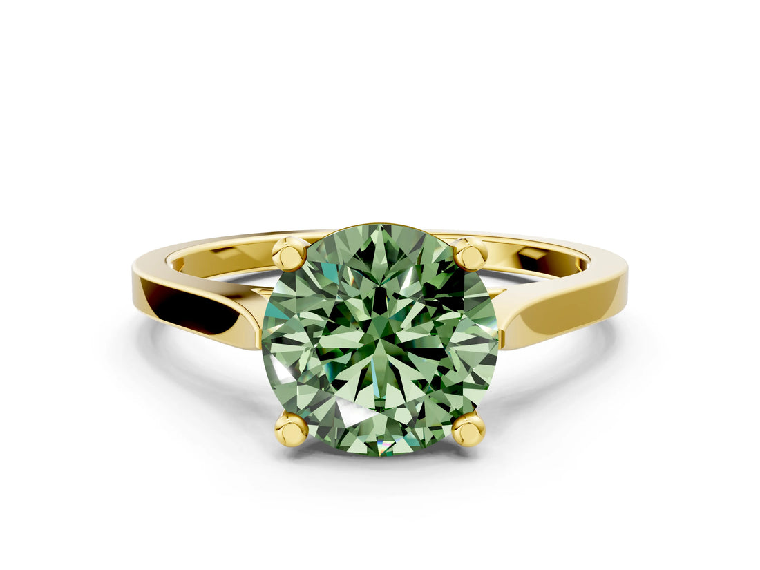 Yellow gold Fancy Green Round  Solitaire Diamond Ring with Four-Prong Setting and Tapered Band 1