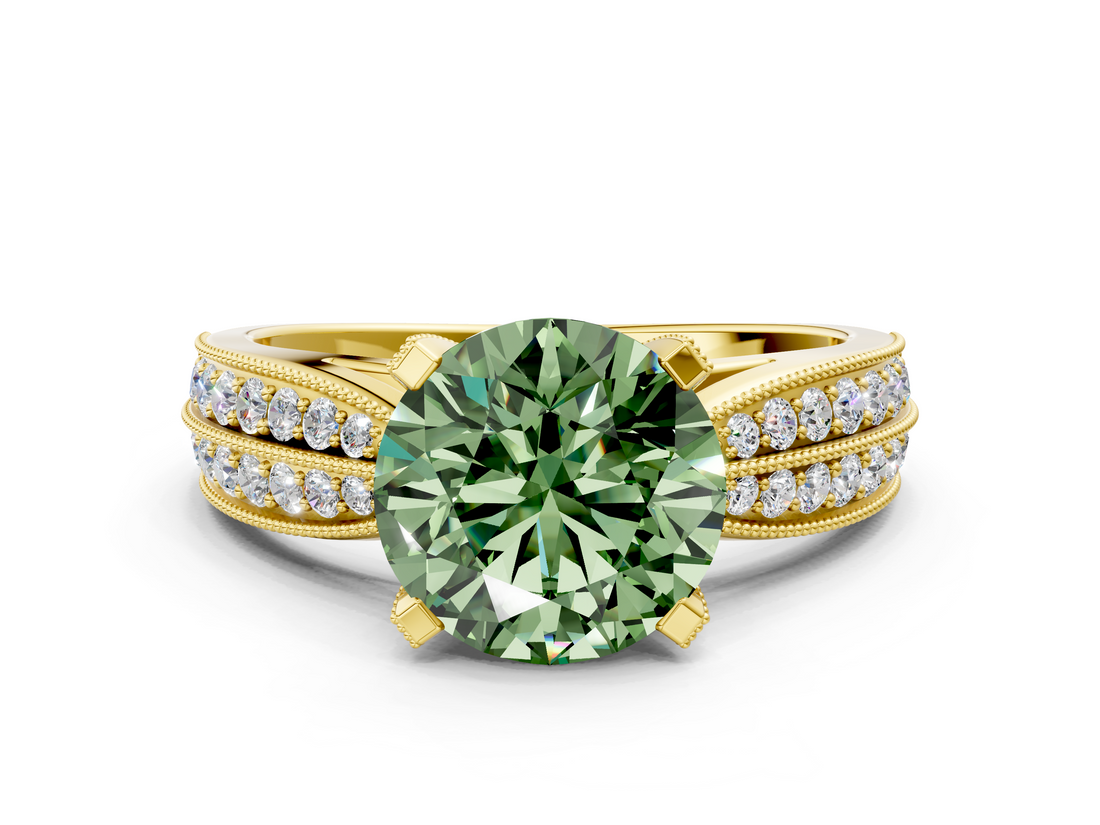 Yellow gold Fancy Green Round  Solitaire Diamond Ring with Milgrain Pavé Band and Four-Prong Setting_20