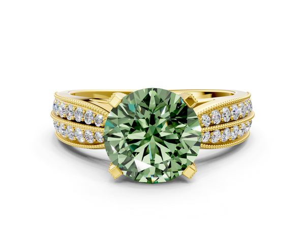 Yellow gold Fancy Green Round  Solitaire Diamond Ring with Milgrain Pavé Band and Four-Prong Setting