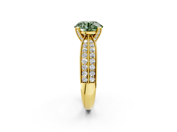 Yellow gold Fancy Green Round  Solitaire Diamond Ring with Milgrain Pavé Band and Four-Prong Setting