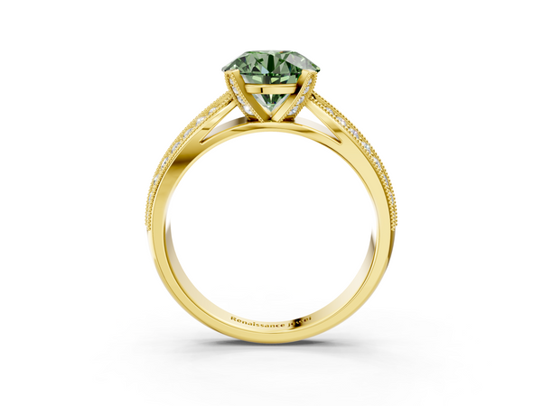 Yellow gold Fancy Green Round  Solitaire Diamond Ring with Milgrain Pavé Band and Four-Prong Setting