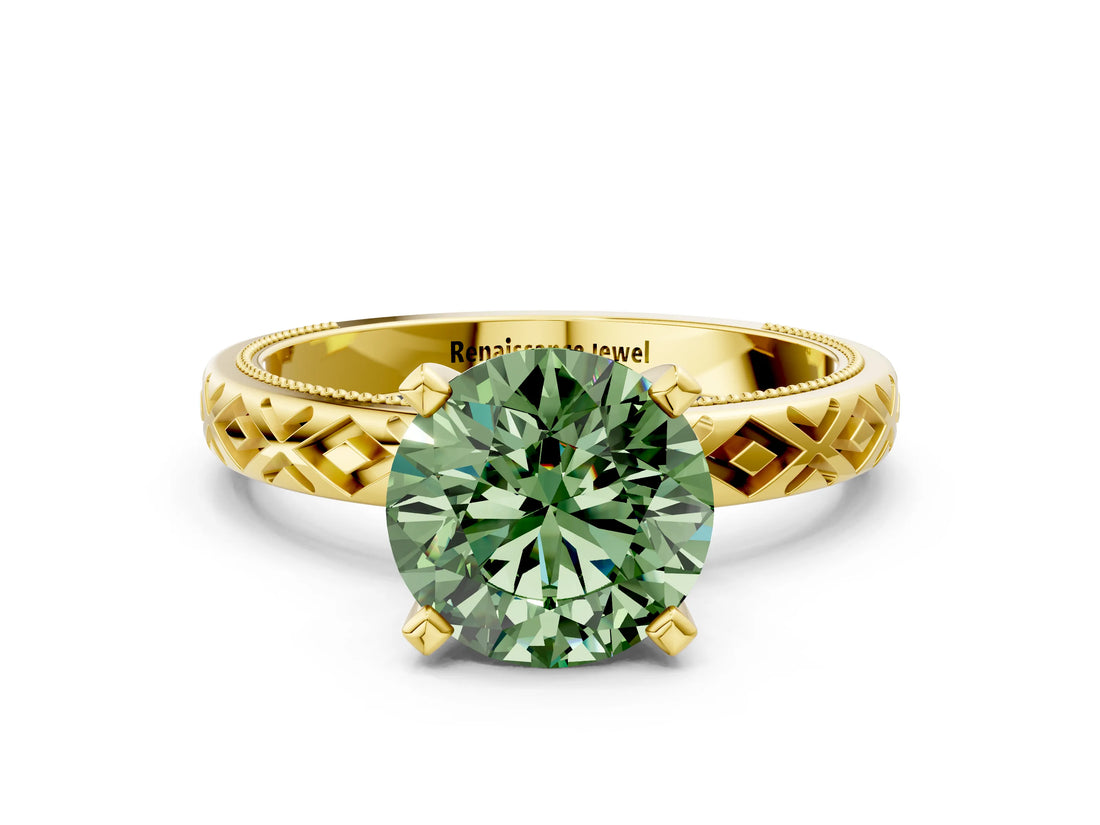 Yellow gold Fancy Green Round  Solitaire Diamond Ring with Milgrain and Black Enamel X Pattern Band_200