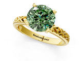 Yellow gold Fancy Green Round  Solitaire Diamond Ring with Milgrain and Black Enamel X Pattern Band_201