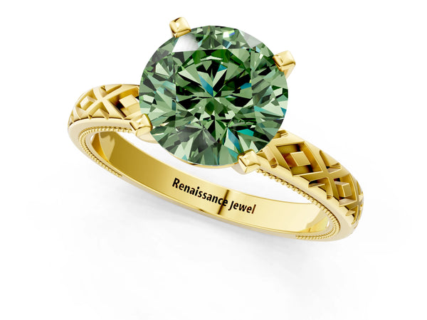 Yellow gold Fancy Green Round  Solitaire Diamond Ring with Milgrain and Black Enamel X Pattern Band
