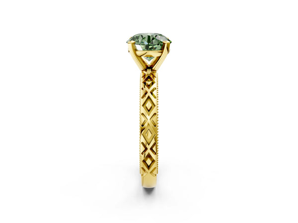 Yellow gold Fancy Green Round  Solitaire Diamond Ring with Milgrain and Black Enamel X Pattern Band