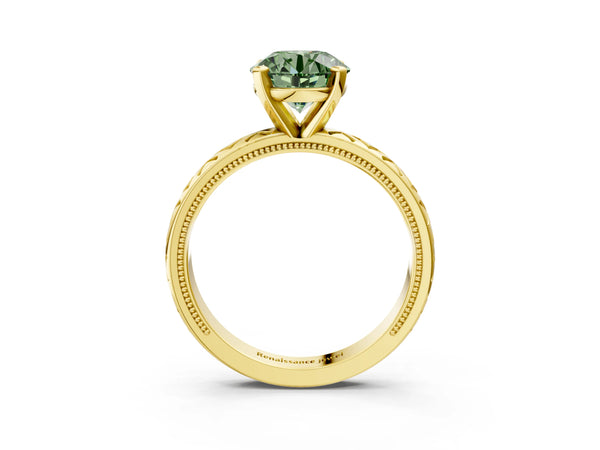 Yellow gold Fancy Green Round  Solitaire Diamond Ring with Milgrain and Black Enamel X Pattern Band