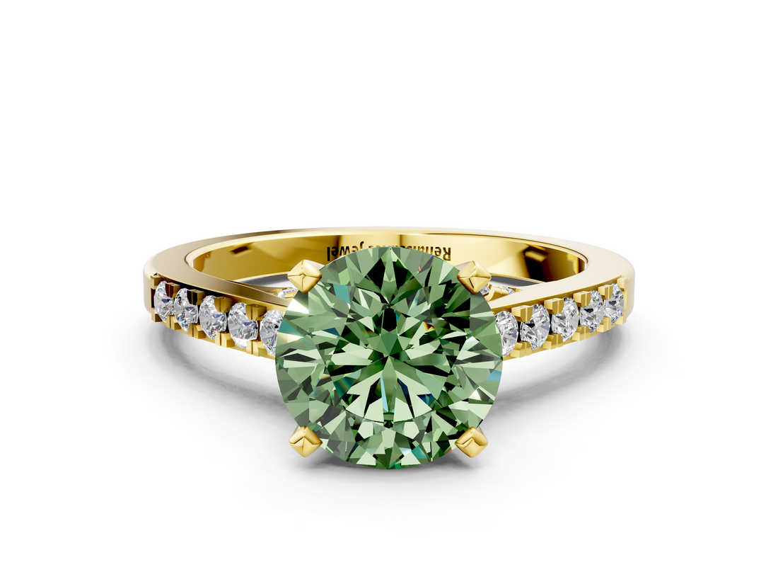 Yellow gold Fancy Green Round  Solitaire Diamond Ring with Pavé Band and Four-Prong Setting_167