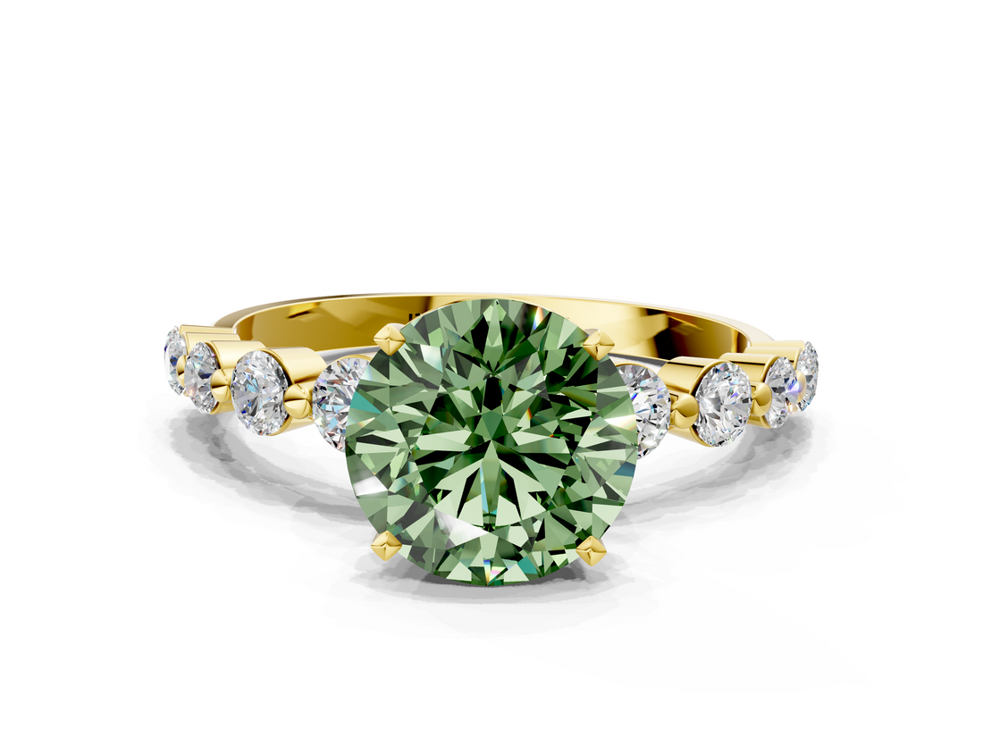 Yellow gold Fancy Green Round  Solitaire Diamond Ring with Pave Band and Four-Prong Setting_185
