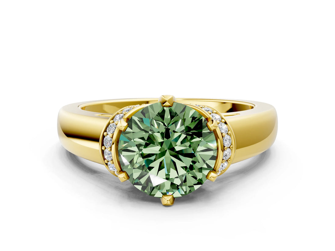 Yellow gold Fancy Green Round  Solitaire Diamond Ring with Pave Band and Six-Prong Setting_31