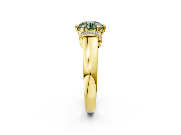 Yellow gold Fancy Green Round  Solitaire Diamond Ring with Pave Band and Six-Prong Setting