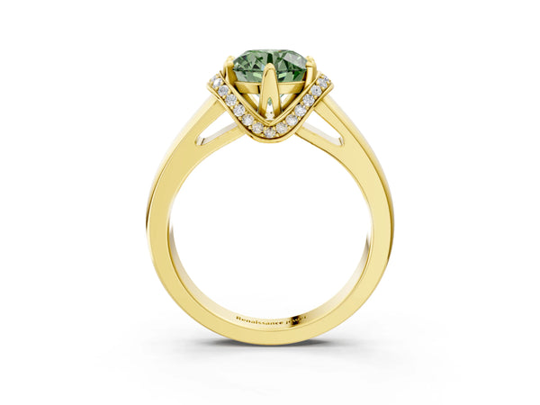 Yellow gold Fancy Green Round  Solitaire Diamond Ring with Pave Band and Six-Prong Setting