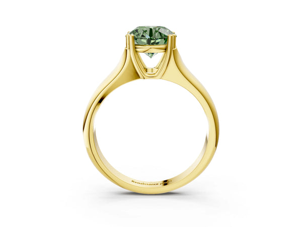 Yellow gold Fancy Green Round Cut Diamond Solitaire Ring with Wide Band and Prong Setting